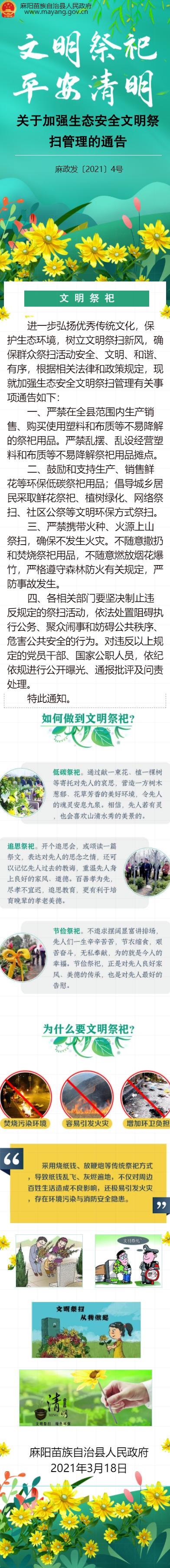 麻政發〔2021〕4號  &ensp;  &ensp;  麻陽苗族自治縣人民政府  關於加強生態安全文明祭掃管理的通告  &ensp;  為進一步弘揚優秀傳統文化，保護生態環境，樹立文明祭掃新風，確保群眾祭掃活動安全、文明、和諧、有序，根據相關法律和政策規定，現就加強生態安全文明祭掃管理有關事項通告如下：  一、嚴禁在全縣範圍內生產銷售、購買使用塑料和布質等不易降解的祭祀用品。嚴禁亂擺、亂設經營塑料和布質等不易降解祭祀用品攤點。  二、鼓勵和支持生產、銷售鮮花等環保低碳祭祀用品；倡導城鄉居民采取鮮花祭祀、植樹綠化、網絡祭掃、社區公祭等文明環保方式祭掃。  三、嚴禁攜帶火種、火源上山祭掃，確保不發生火災。不隨意撒扔和焚燒祭祀用品，不隨意燃放煙花爆竹，嚴格遵守森林防火有關規定，嚴防事故發生。  四、各相關部門要堅決製止違反規定的祭掃活動，依法處置阻礙執行公務、聚眾鬧事和妨礙公共秩序、危害公共安全的行為。對違反以上規定的黨員幹部、國家公職人員，依紀依規進行公開曝光、通報批評及問責處理。  特此通告。  &ensp;  &ensp;  &ensp;&ensp;&ensp;&ensp;&ensp;&ensp;&ensp;&ensp;&ensp;&ensp;&ensp;&ensp;&ensp;&ensp;&ensp;&ensp;麻陽苗族自治縣人民政府  &ensp;&ensp;&ensp;&ensp;&ensp;&ensp;&ensp;&ensp;&ensp;&ensp;&ensp;&ensp;&ensp;&ensp;&ensp;&ensp;&ensp;&ensp;&ensp;&ensp;&ensp;&ensp;&ensp;&ensp;&ensp;&ensp;&ensp;&ensp;&ensp;&ensp;&ensp;&ensp;&ensp;&ensp;&ensp;&ensp;&ensp;&ensp;&ensp;&ensp;&ensp;&ensp;&ensp;&ensp;&ensp;&ensp;&ensp;&ensp;&ensp;&ensp;&ensp;&ensp;2021年3月18日  &ensp;